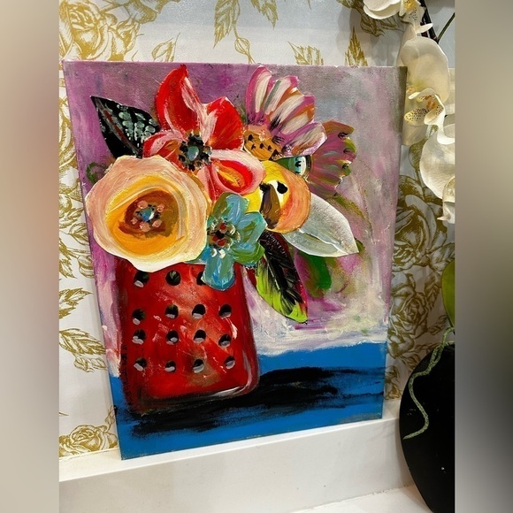 Original Art Painting Mixed Media Acrylic Collage on Canvas Board Red Floral - Picture 12 of 12